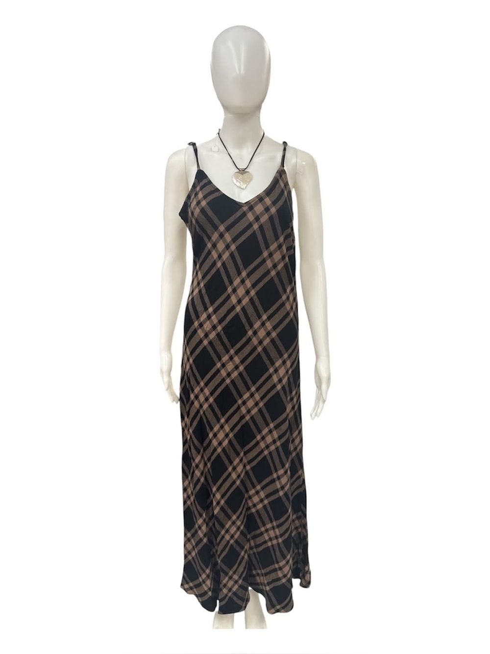 Social Classifled Black and Brown Plaid Slip Dress with Adjustable Straps Size L